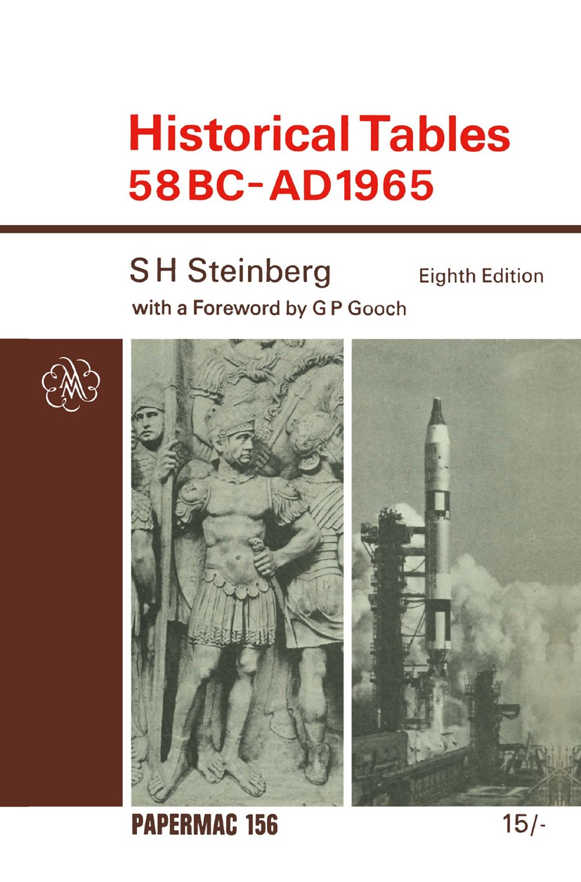Titlebook: Historical Tables, 58 B.C.–A.D. 1965; S. H. Steinberg Book 1966 S. H. Steinberg 1966 historiography.history.memory studies.tables Titlebook: Historical Tables, 58 B.C.–A.D. 1965; S. H. Steinberg Book 1966 S. H. Steinberg 1966 historiography.history.memory studies.tables