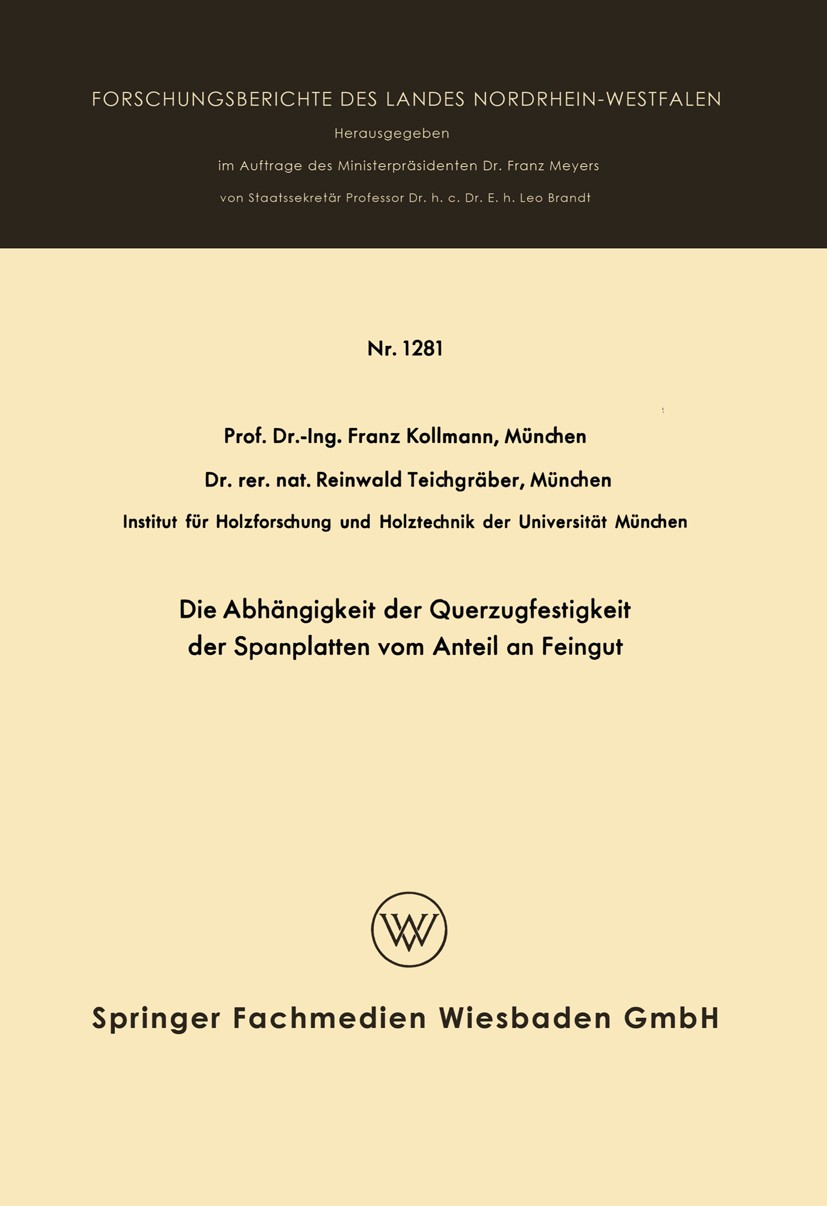Titlebook: Die Abhängigkeit der Querzugfestigkeit der Spanplatten vom Anteil an Feingut; Franz Kollmann,Reinwald Teichgräber Book 1963 Springer Fachm Titlebook: Die Abhängigkeit der Querzugfestigkeit der Spanplatten vom Anteil an Feingut; Franz Kollmann,Reinwald Teichgräber Book 1963 Springer Fachm